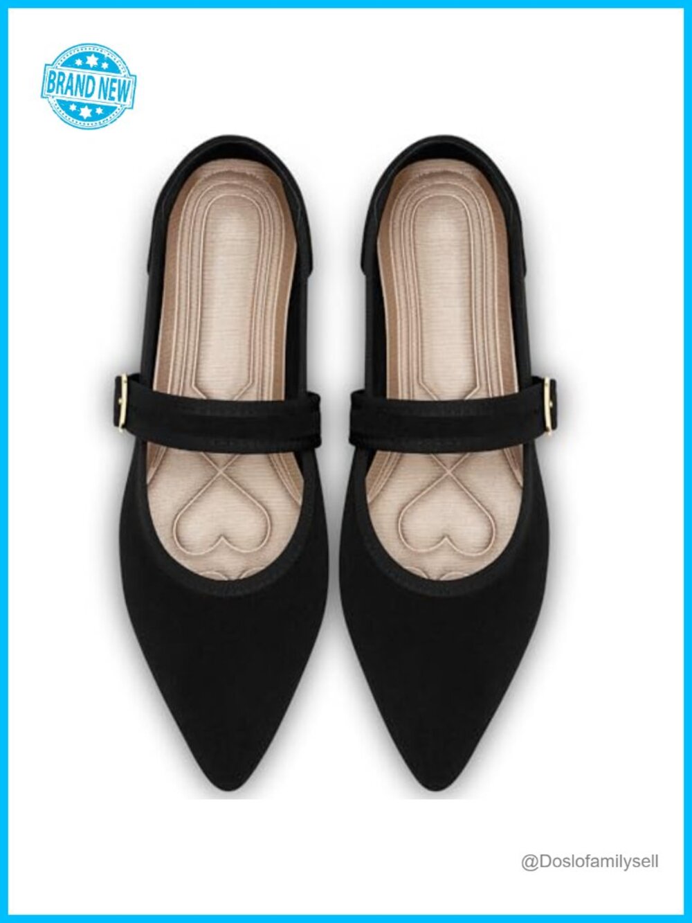 Mary Jane Ballet Flats Pointed Toe Faux Suede Memory Foam Comfort Buckle Strap